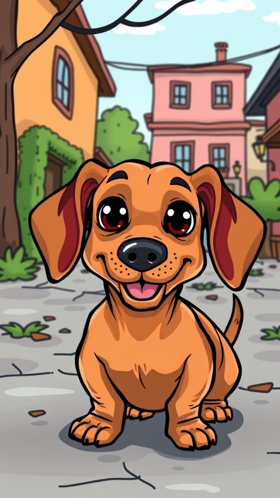 A cute cartoon dachshund with big eyes and a happy expression, set in a colorful neighborhood.
