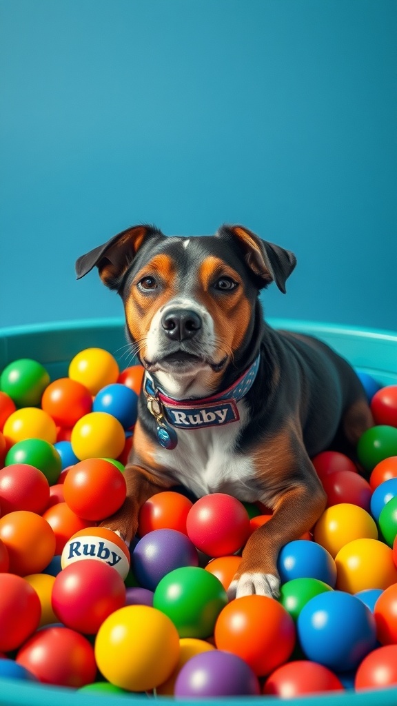 A dog named Ruby sitting in a colorful ball pit, showcasing vibrant balls of various colors.