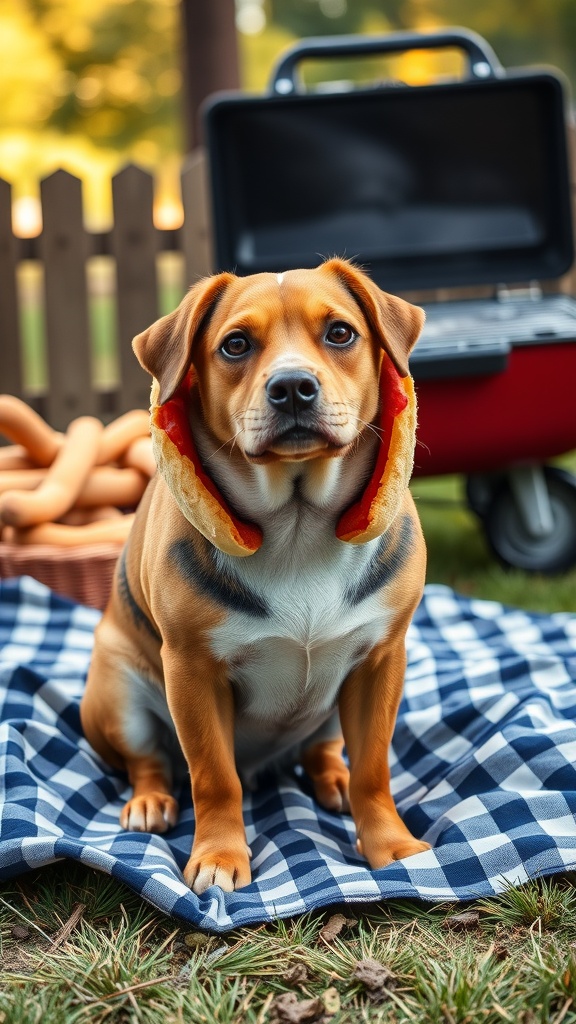 A dog wearing a hot dog costume sitting on a picnic blanket with a grill in the background.