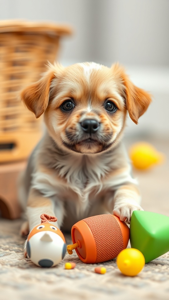 A small, cute dog playing with colorful toys