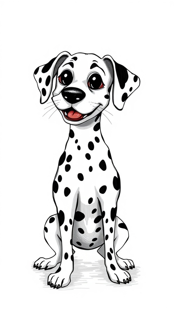 A cartoon-style drawing of a Dalmatian dog with black spots, sitting happily.