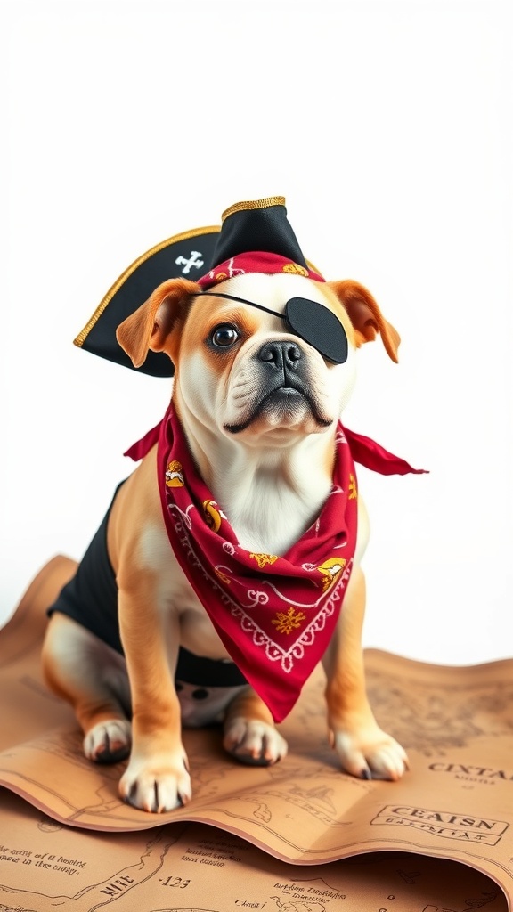 A dog dressed in a pirate costume with a hat, eye patch, and bandana, sitting on a treasure map.