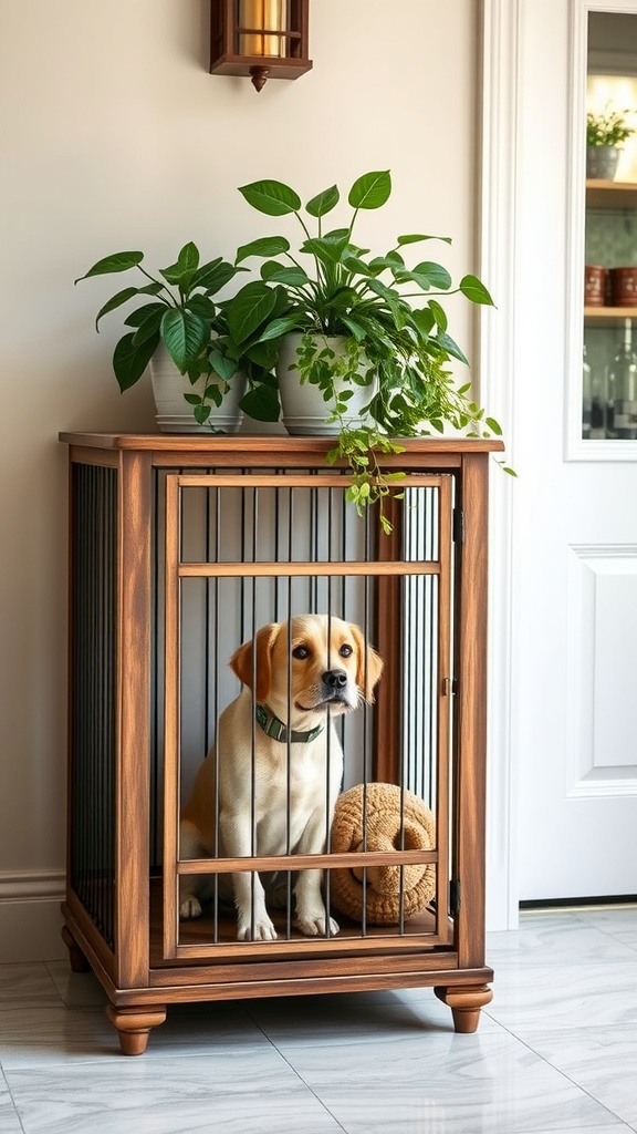A decorative dog crate with a plant stand on top, featuring a dog sitting inside.