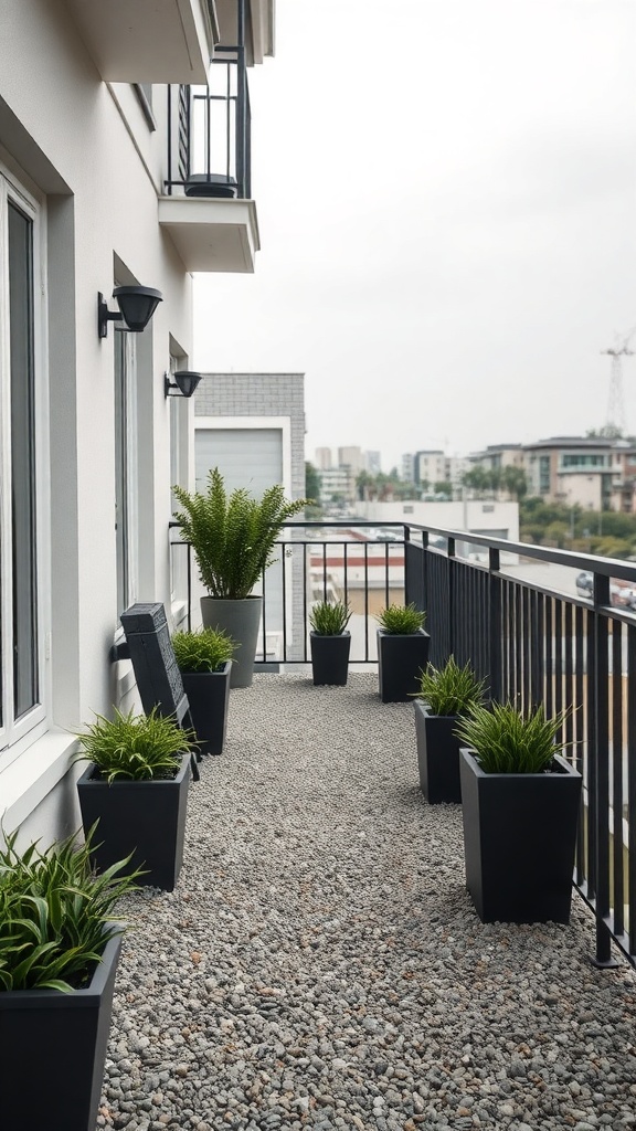 A balcony with decorative gravel and black planters filled with green plants.