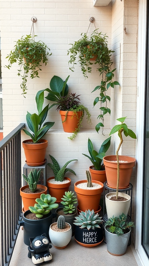 A small balcony garden with various potted plants arranged creatively.
