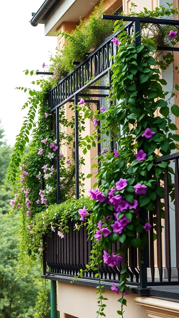 A balcony with a decorative trellis covered in climbing plants and colorful flowers.