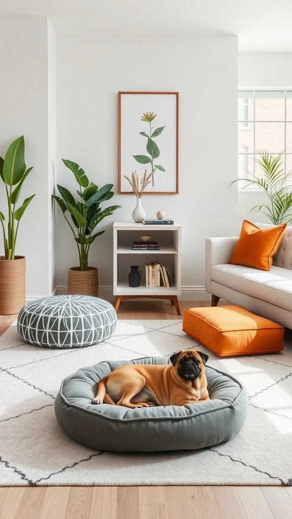 A cozy living room featuring a dog resting on a stylish elevated dog bed, surrounded by modern furniture and plants.