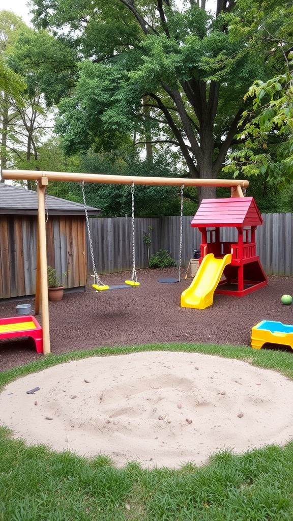 A backyard play area featuring a swing set, slide, and sandbox surrounded by grass and trees.