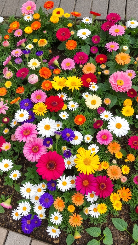 A colorful flower bed filled with various flowers including daisies, zinnias, and gerberas.