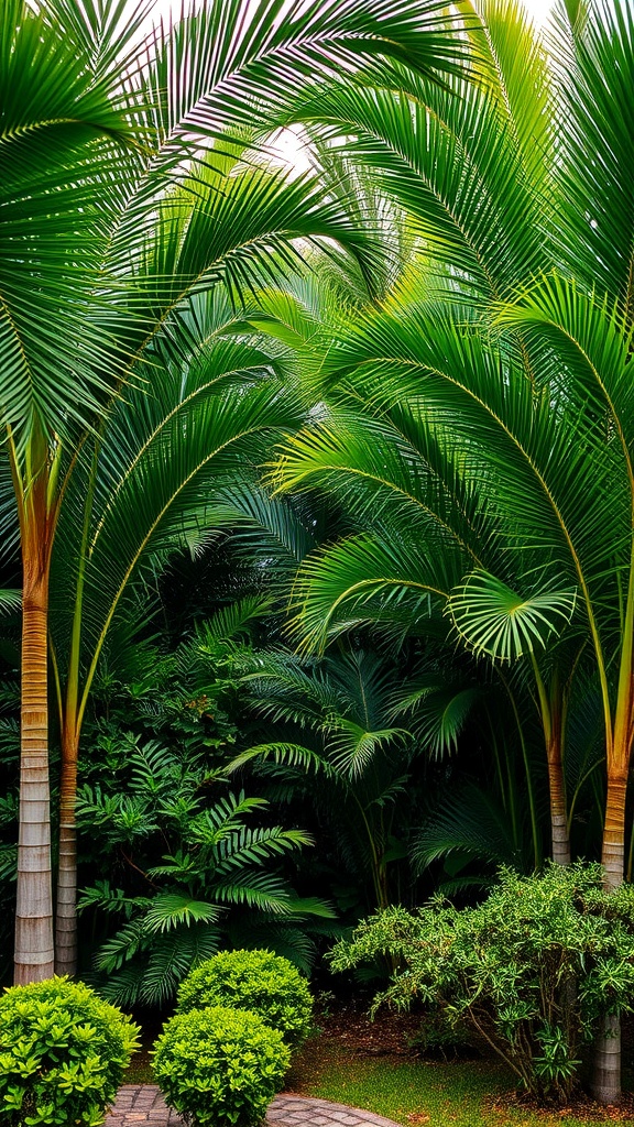 Lush tropical garden with tall palm trees and dense greenery