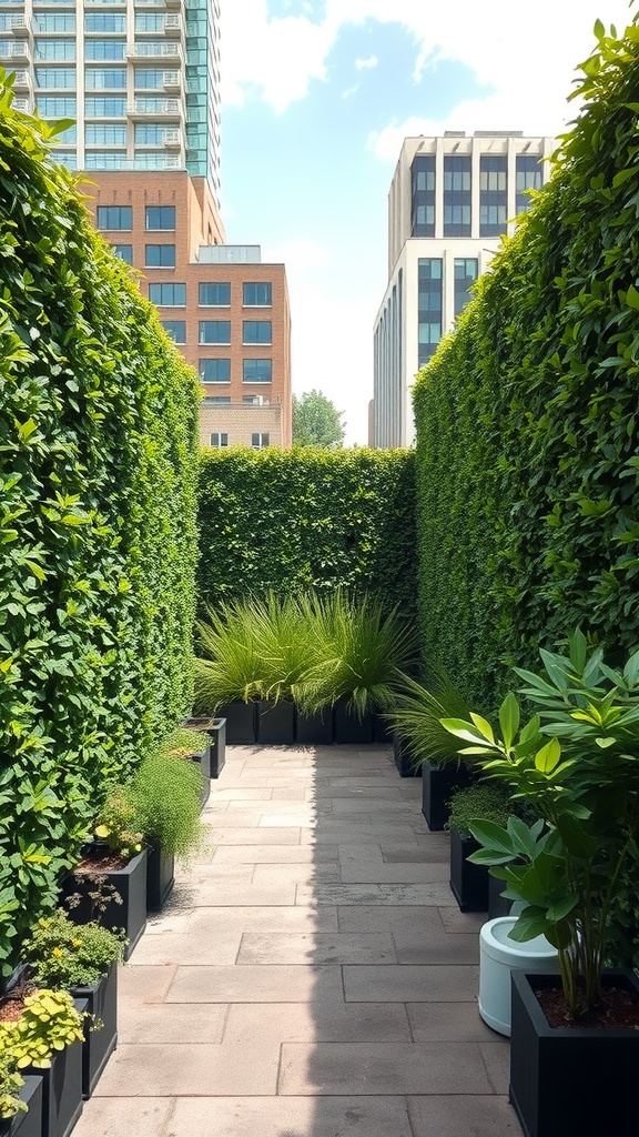 A narrow pathway surrounded by tall green walls and potted plants, creating a private garden space in an urban setting.