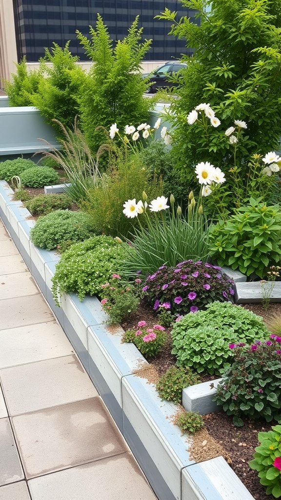 A lush roof garden with various plants, including daisies and petunias, designed to attract wildlife.