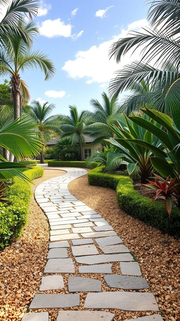 A winding stone pathway surrounded by tropical plants and greenery.