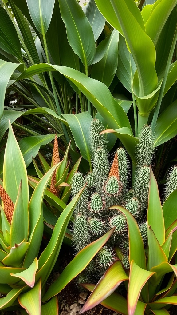 A tropical garden featuring lush green leaves and spiky cacti, showcasing texture variations.
