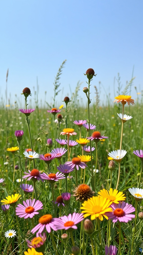 A colorful wildflower meadow with pink, yellow, and white flowers against a clear blue sky.