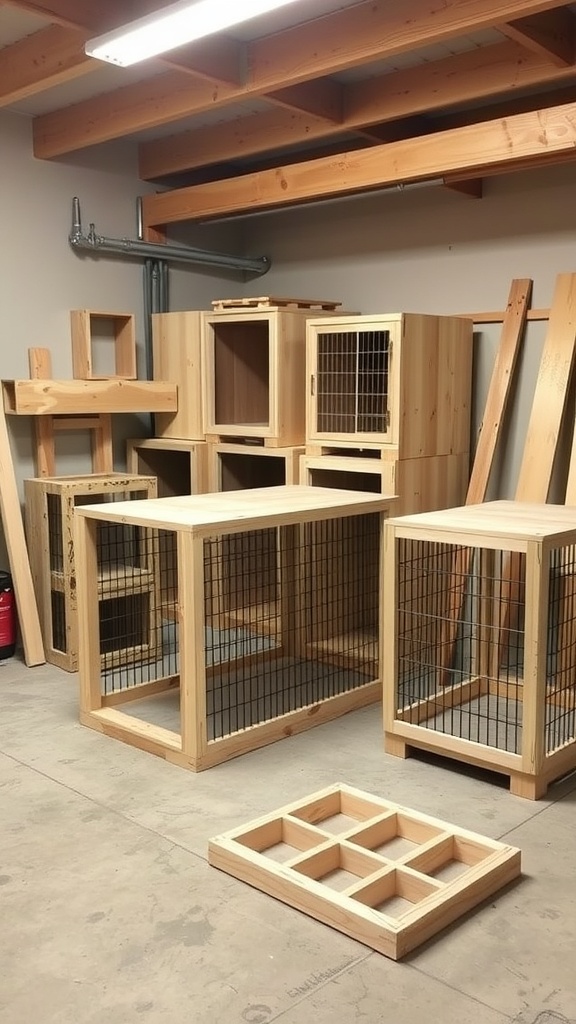 Various wooden dog crates in different shapes and sizes, showcasing a DIY project setup.