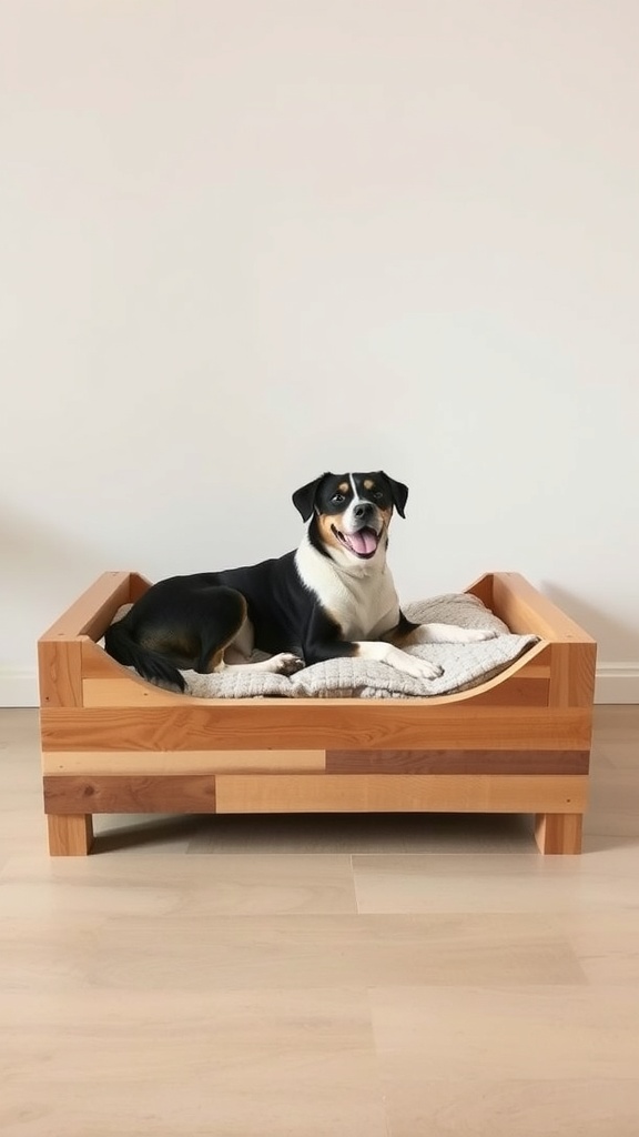 A happy dog lying on a DIY wooden dog bed made from recycled materials.