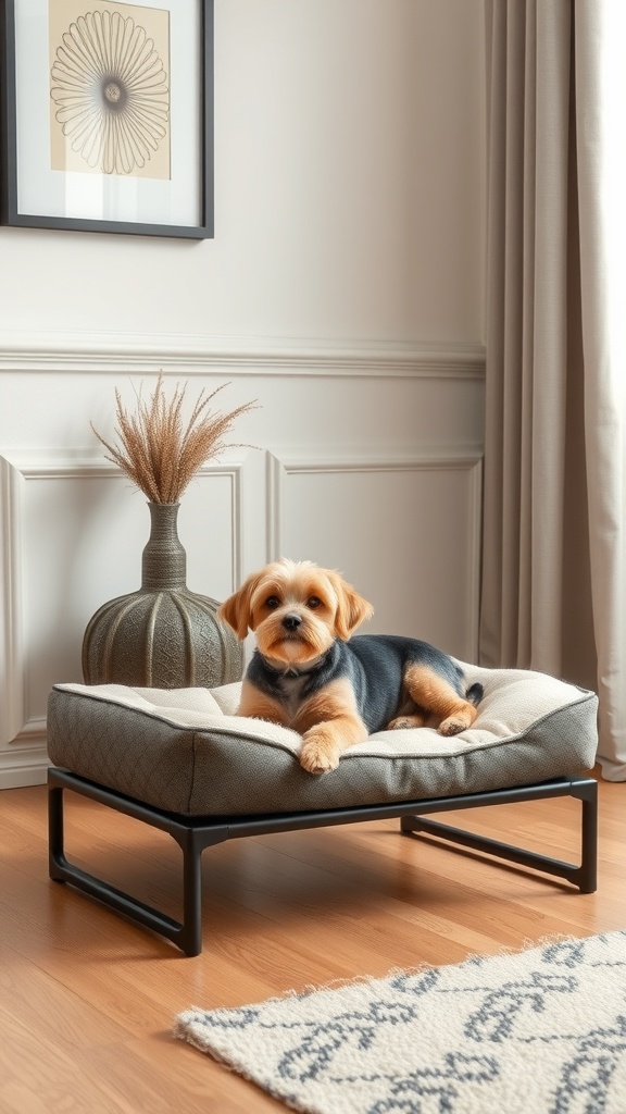 A small dog relaxing on a stylish elevated dog bed in a cozy room.