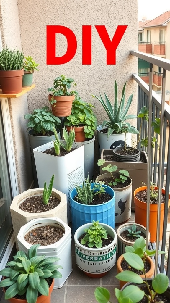 A collection of DIY planters on a small balcony with various plants.