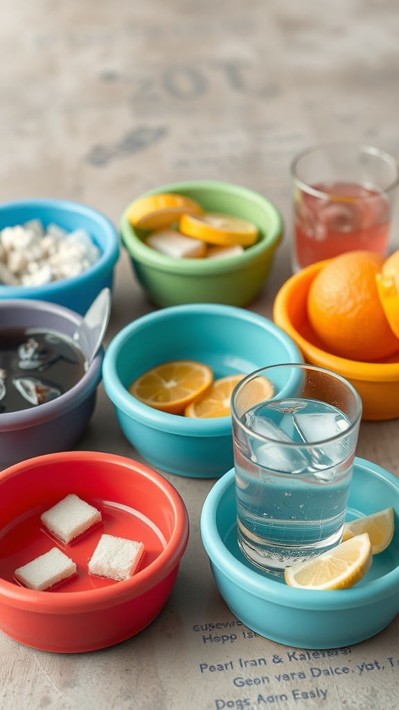 A colorful display of dog-friendly beverages and treats for a birthday party, featuring bowls with water, fruit slices, and sugar cubes.