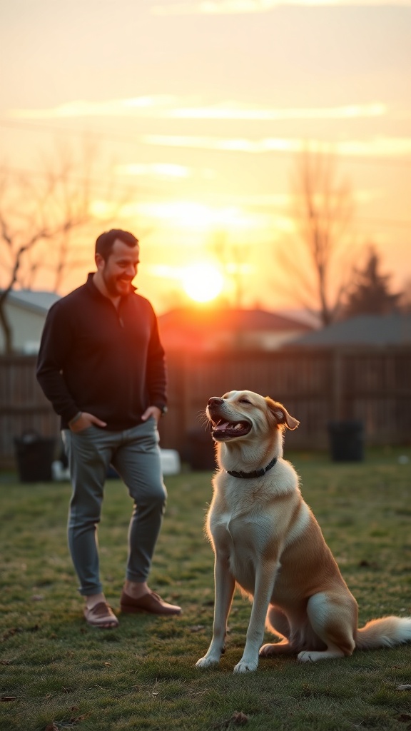 A man standing next to a happy dog during sunset, showcasing their bond.