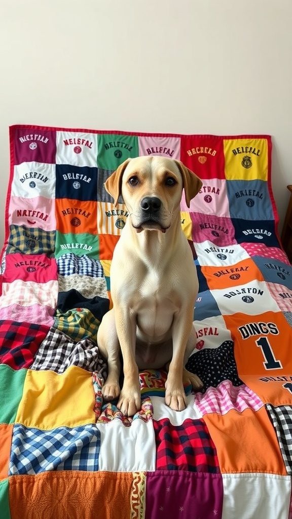 A dog sitting on a colorful patchwork quilt.