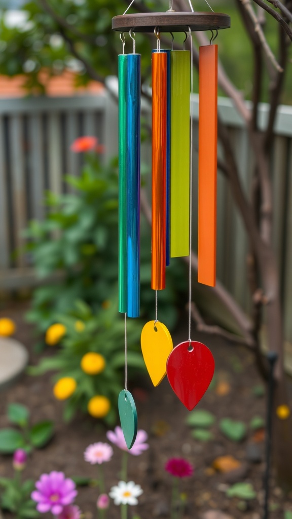 Colorful wind chimes hanging in a garden with blooming flowers