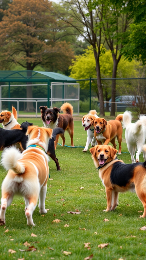 A group of dogs playing in a park, showcasing their joyful interactions.