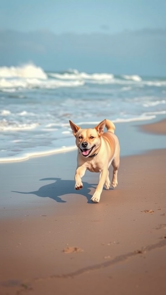 A happy dog running on the beach with waves in the background.