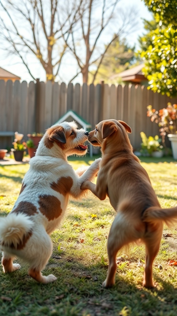 Two dogs playing together in a sunny backyard, showcasing their friendship.