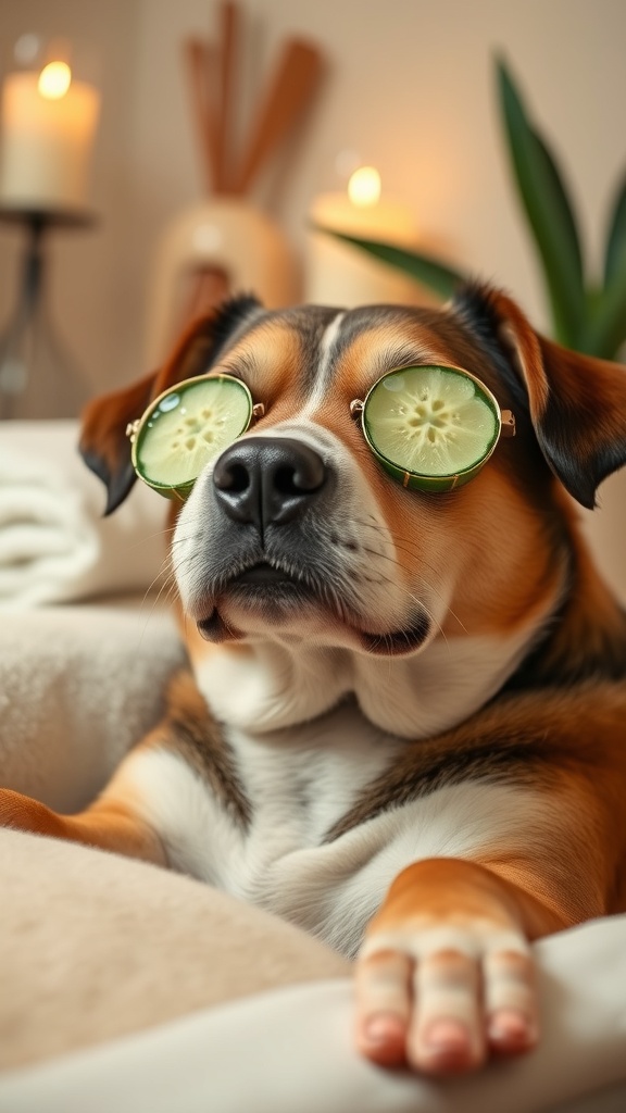 A dog relaxing in a spa-like setting with sunglasses and cucumber slices on its eyes.