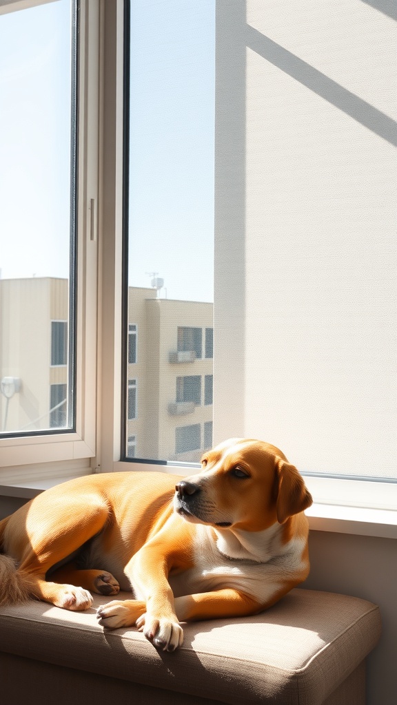 A relaxed dog lying on a cushion by a sunny window.