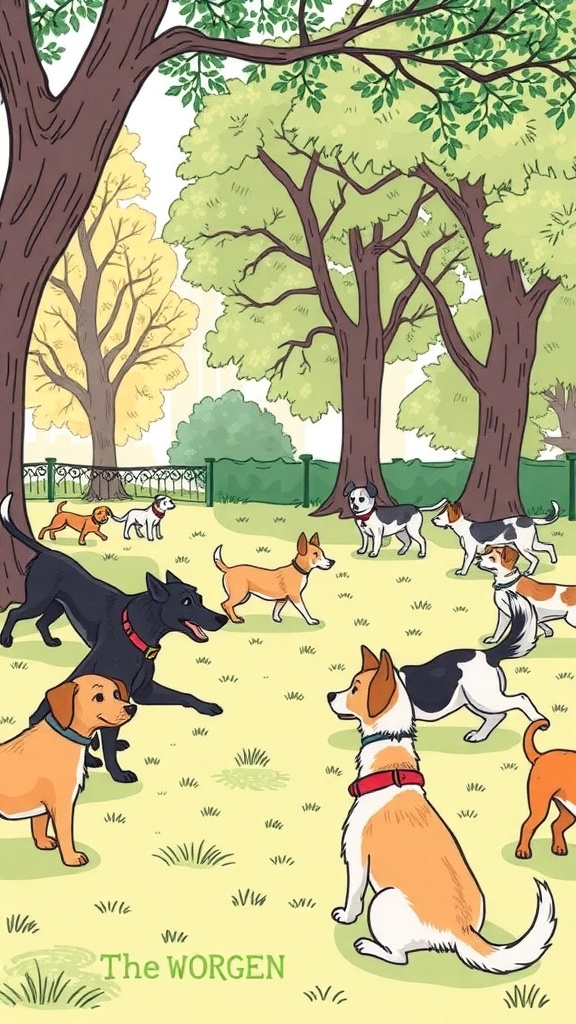 A colorful doodle of a dog park scene with various dogs playing and trees in the background.