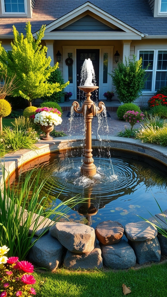A beautiful fountain surrounded by colorful flowers and greenery in front of a house.