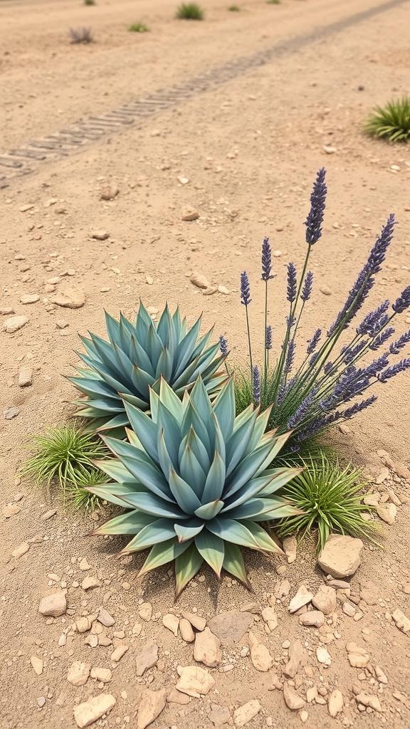 A small drought-resistant garden featuring agave plants, lavender flowers, and grassy plants on dry soil.