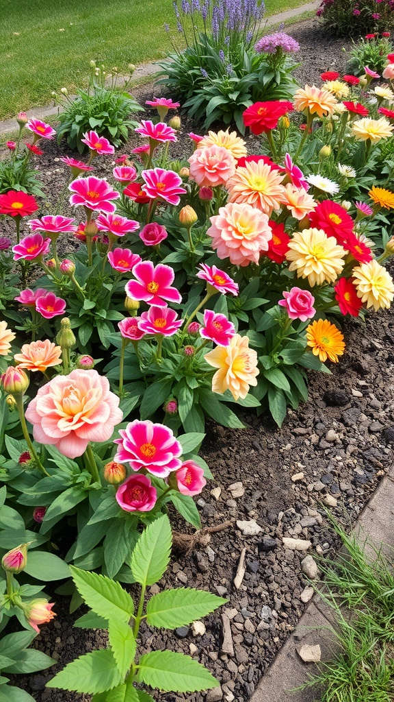 A colorful flower bed with various blooms, bordered by neat edging.