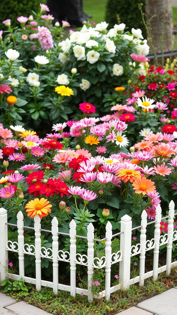 A colorful flower bed surrounded by a decorative white fence.