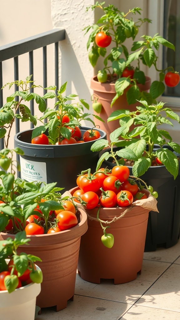 A balcony with various pots of tomato plants, some ripe and some green, showcasing an edible container garden.