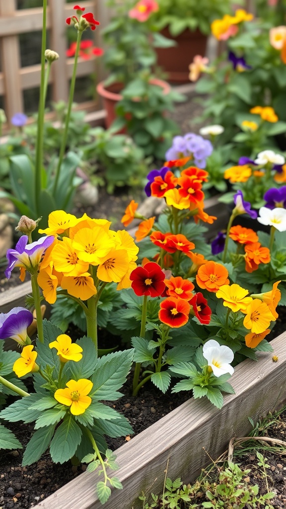 A colorful flower bed featuring pansies and nasturtiums, showcasing edible flowers.