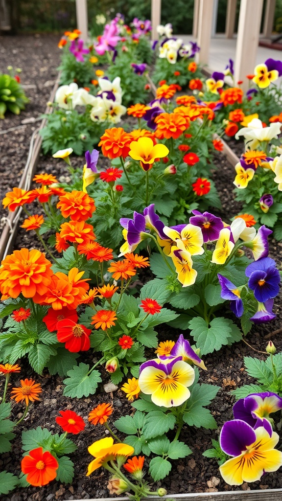 A vibrant flower bed with colorful edible flowers like pansies and marigolds.