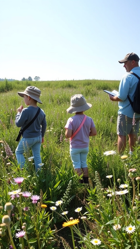 A family exploring a wildflower meadow, observing plants and nature.