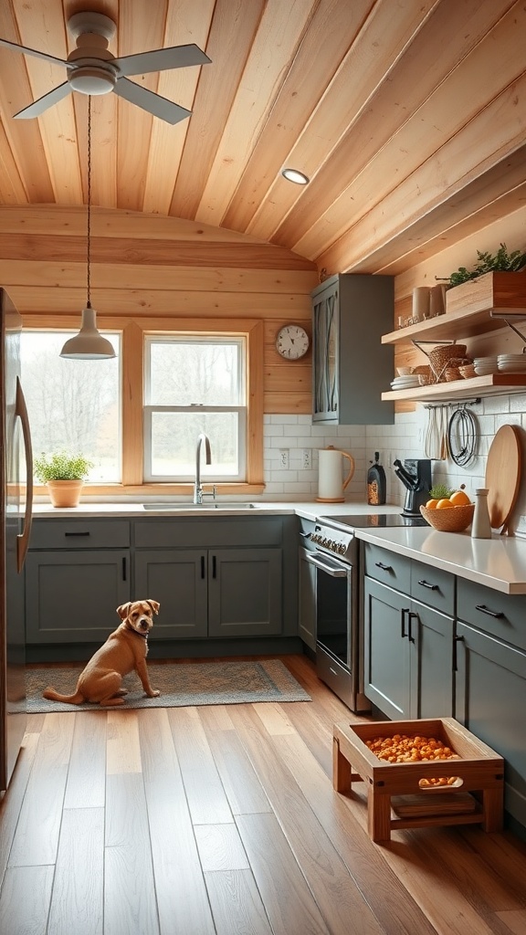 Cozy kitchen with light wood ceiling, modern appliances, and a dog on the rug.