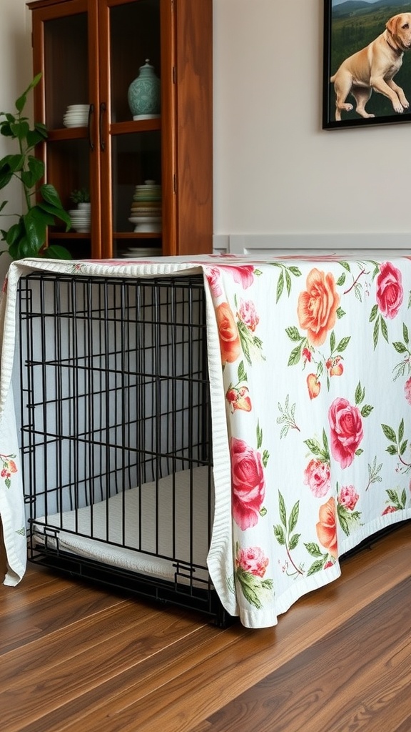 A large dog crate covered with a floral fabric, placed in a cozy room with wooden flooring.
