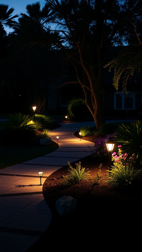 A beautifully lit pathway with lamps and greenery at night.
