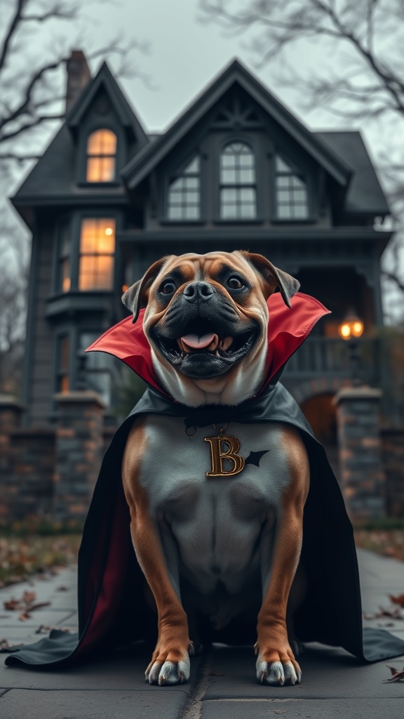 A dog in a vampire costume with a black cape and red lining, sitting in front of a spooky house.