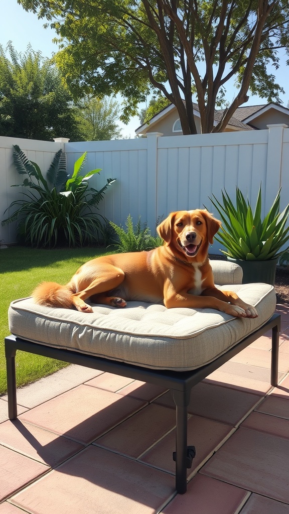 A happy dog lounging on an elevated dog bed in a sunny outdoor setting.