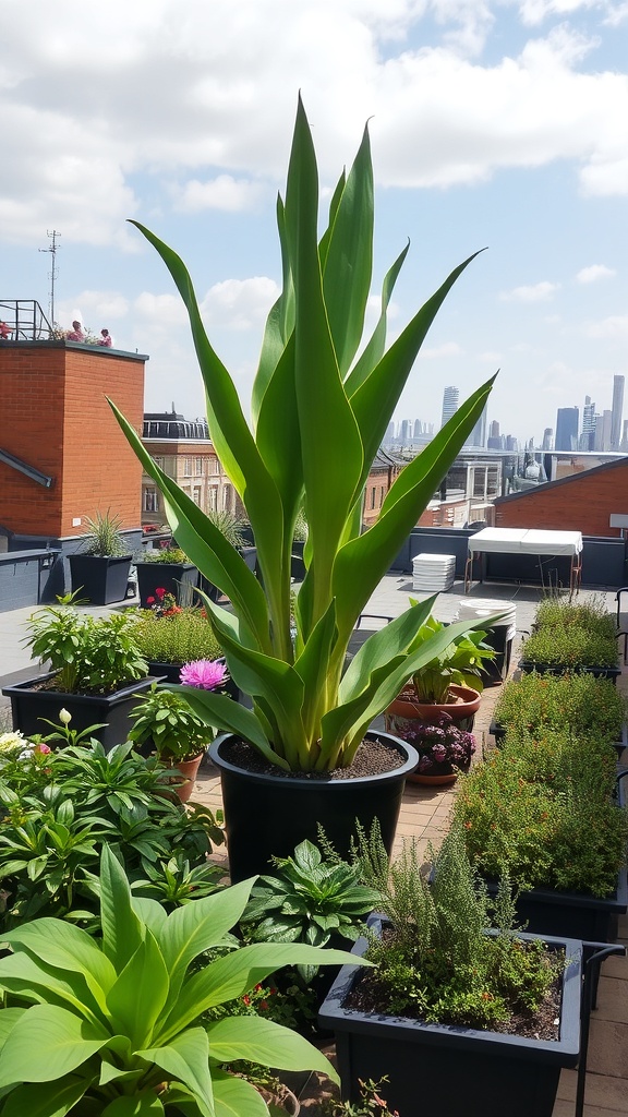 A roof garden featuring a tall plant surrounded by smaller plants in pots.