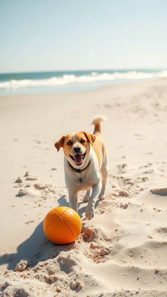 A happy dog running on the beach with an orange ball.