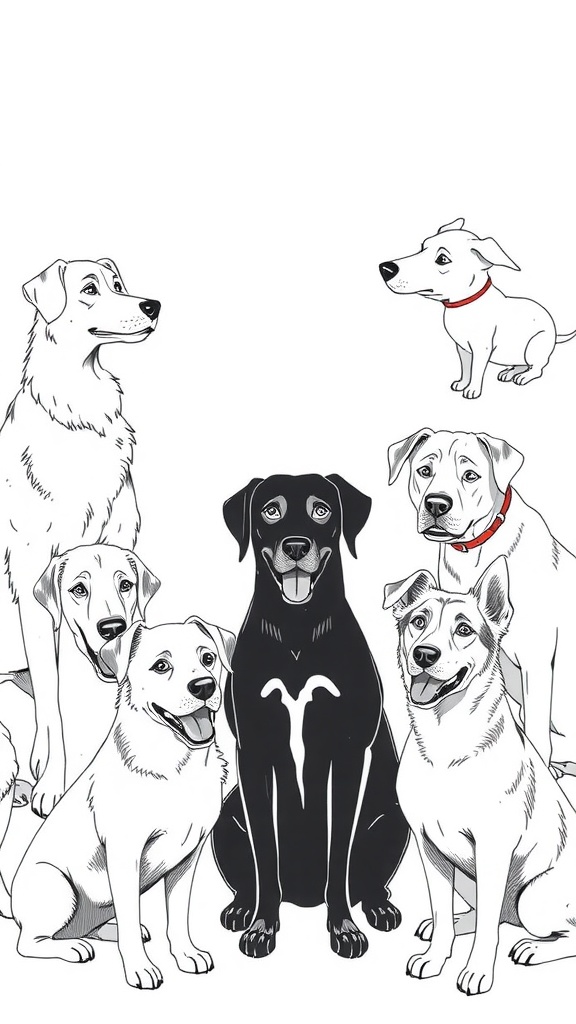 An illustration of various dog breeds, including a black dog in the center surrounded by different types of dogs.