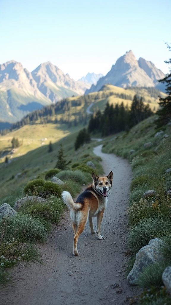 A happy dog on a winding trail with mountains in the background.